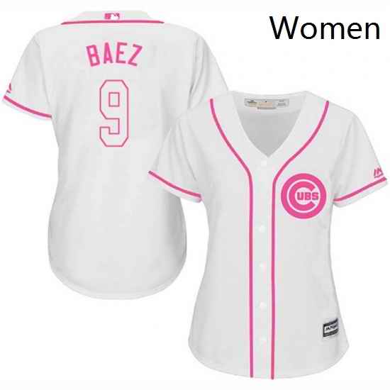 Womens Majestic Chicago Cubs 9 Javier Baez Replica White Fashion MLB Jersey